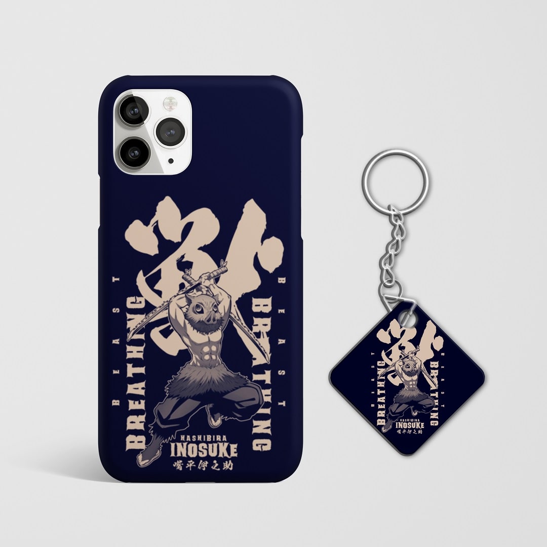 Close-up of Inosuke Hashibira’s fierce expression on phone case with Keychain.