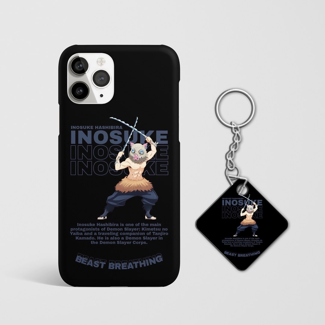 Close-up of Inosuke Hashibira’s fierce expression on phone case with Keychain.