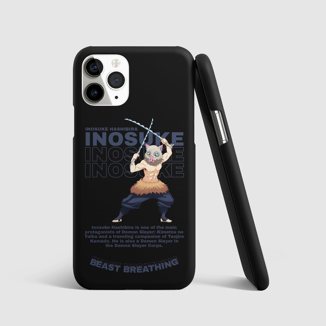 Dynamic artwork of Inosuke Hashibira performing Beast Breathing on phone cover.