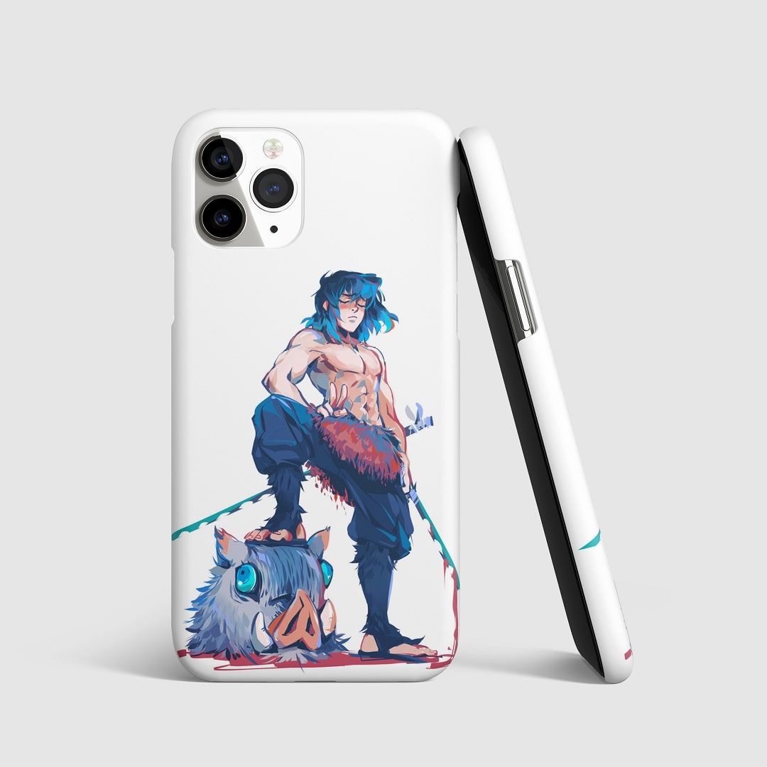 Dynamic artwork of Inosuke Hashibira flexing on phone cover.