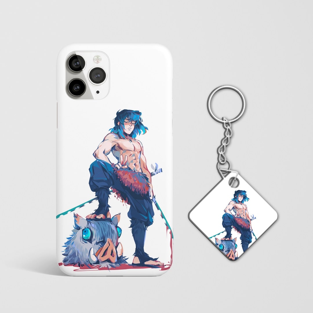Close-up of Inosuke Hashibira’s fierce expression while flexing on phone case with Keychain.
