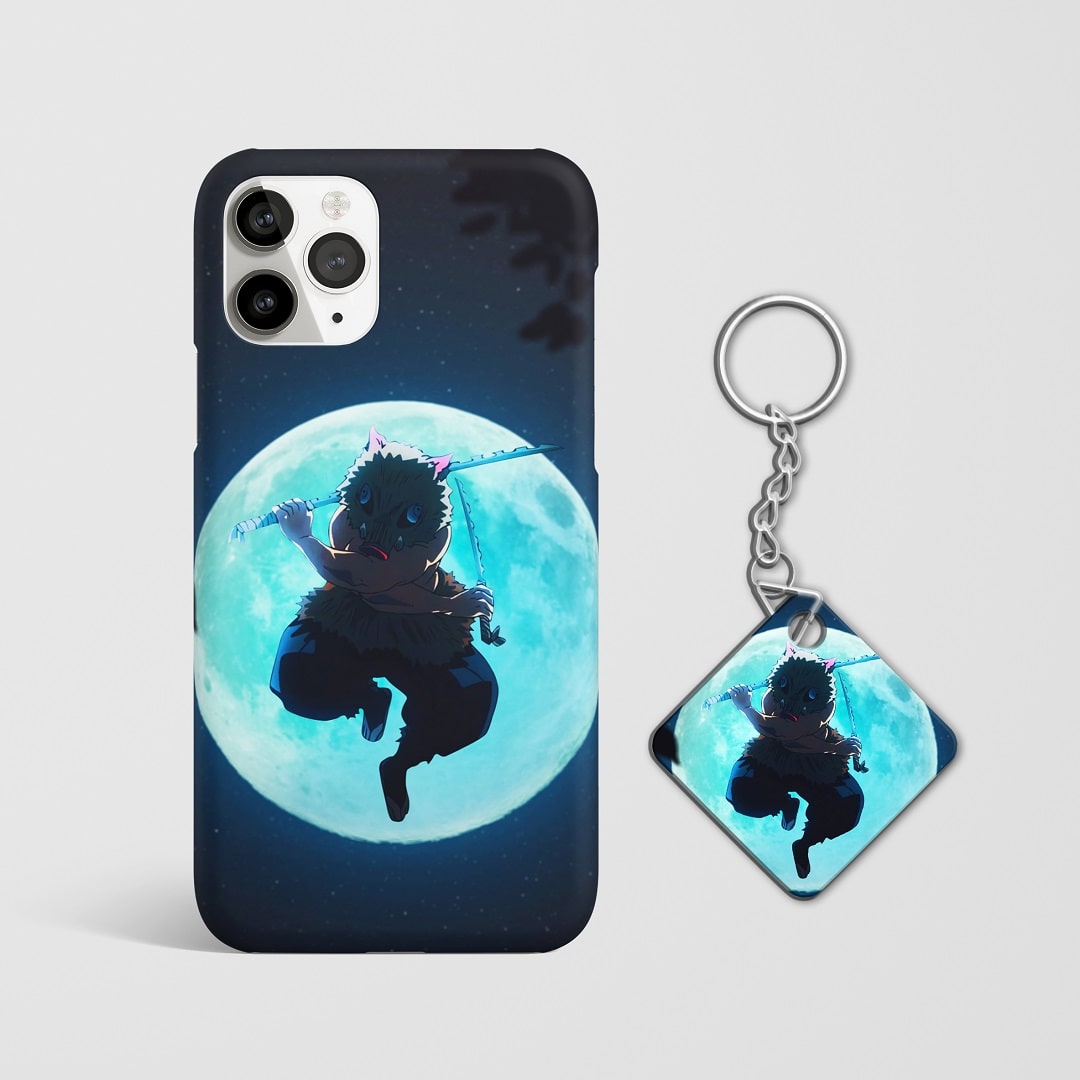 Close-up of Inosuke Hashibira’s fierce expression under moonlight on phone case with Keychain.