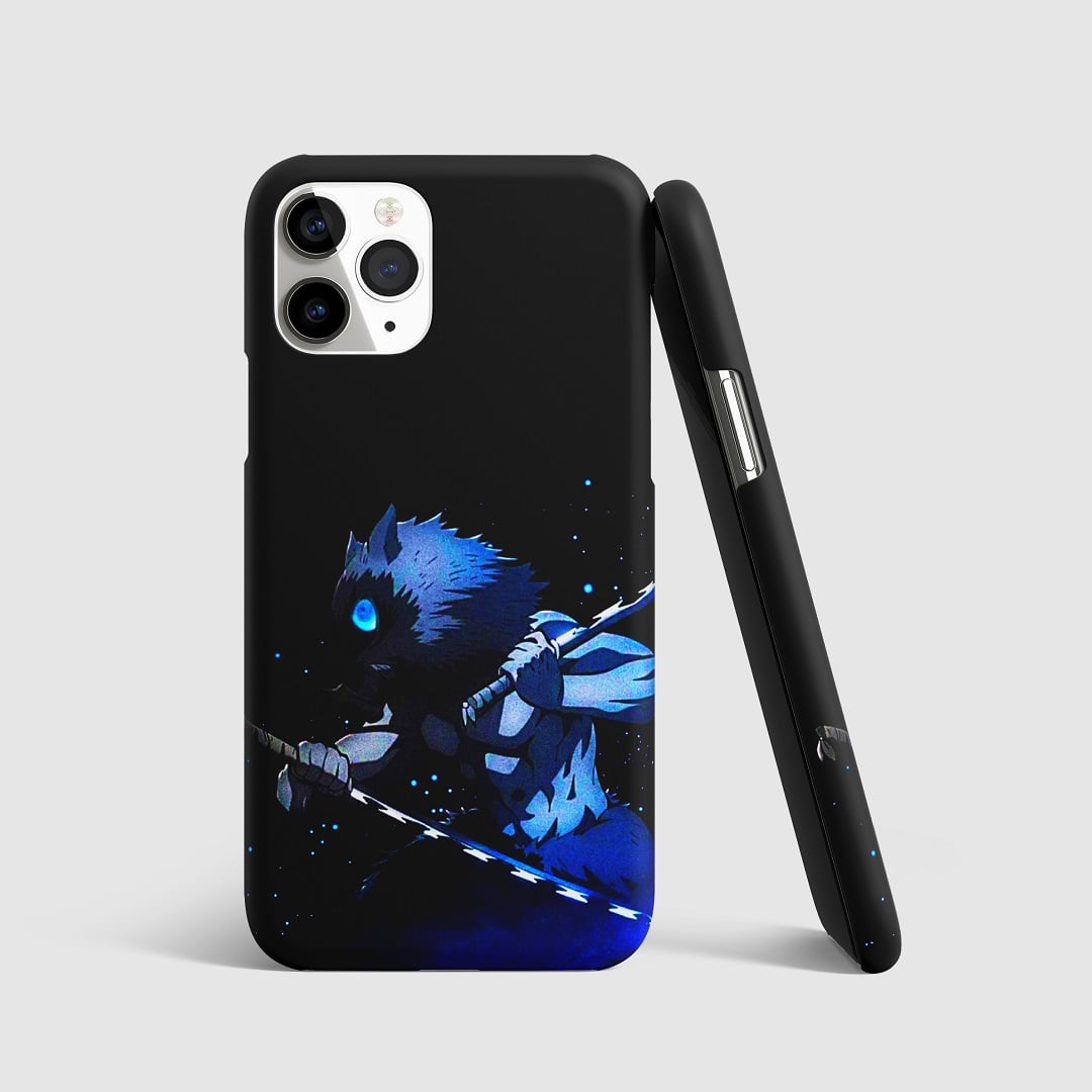 Bold artwork of Inosuke Hashibira on phone cover.