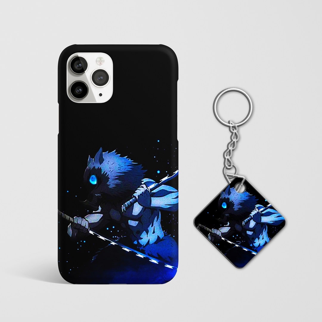Close-up of Inosuke Hashibira’s intense expression on phone case with Keychain.