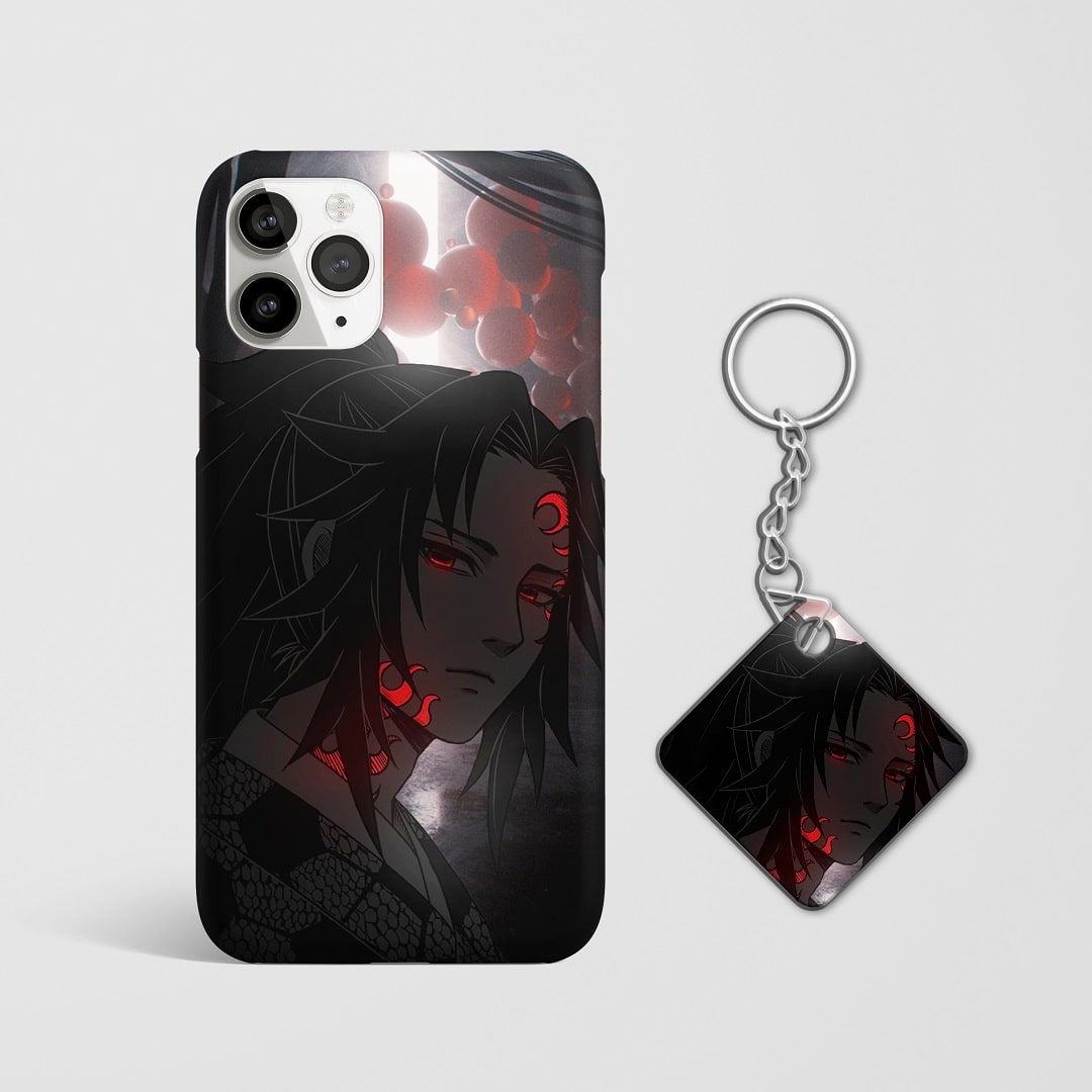 Close-up of Kokushibo’s intense expression on phone case with Keychain.