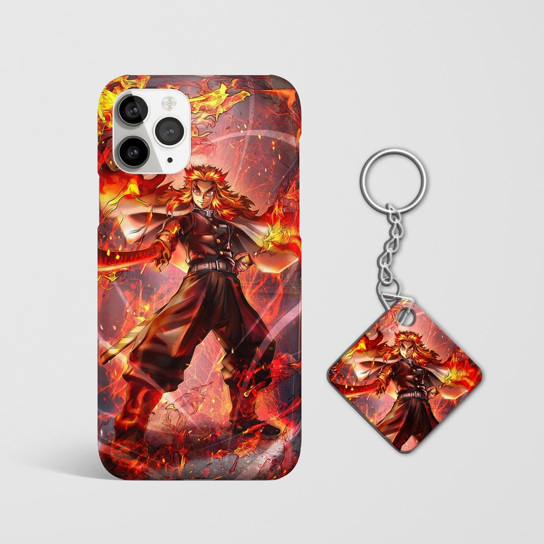 Close-up of Kyojuro Rengoku’s intense expression on phone case with Keychain.