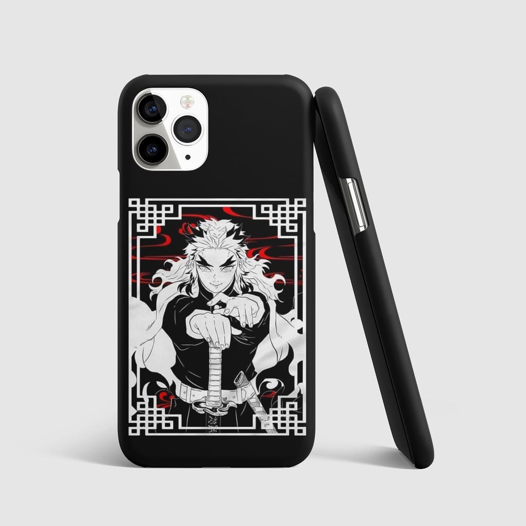 Striking black and white illustration of Kyojuro Rengoku on phone cover.