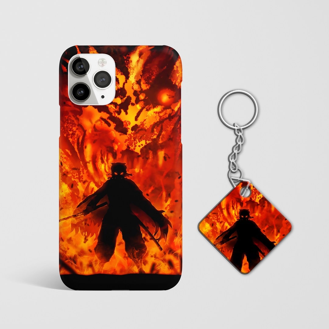 Close-up of Kyojuro Rengoku’s intense expression with flames on phone case with Keychain.
