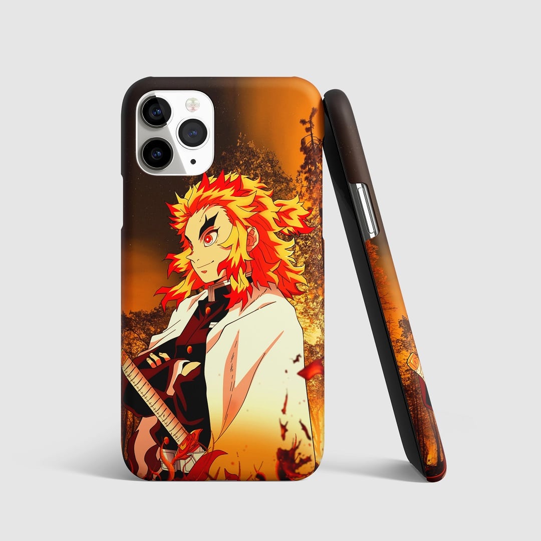 Stunning artwork of Kyojuro Rengoku on phone cover.