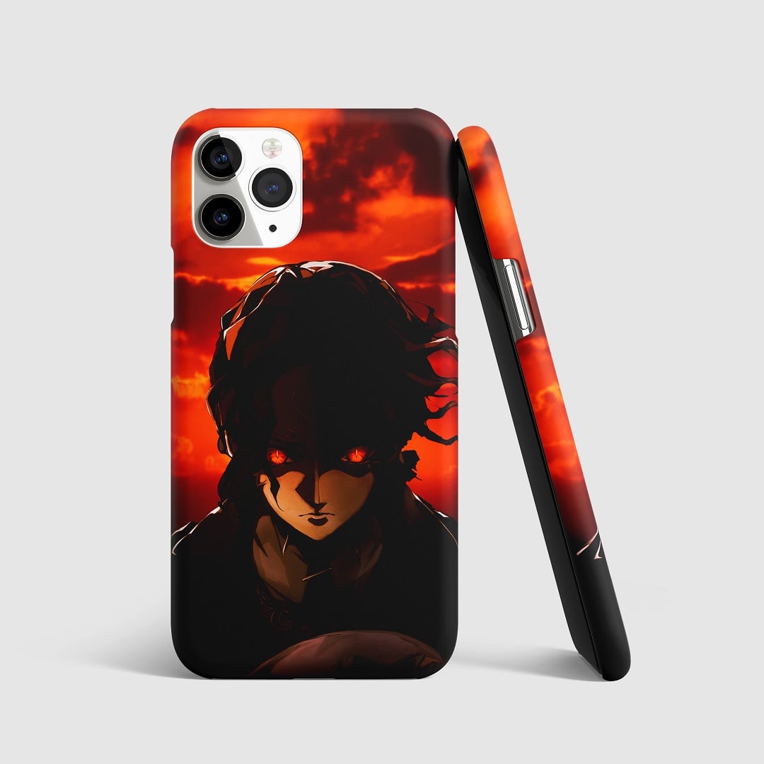 Striking artwork of Kyojuro Rengoku with red eyes on phone cover.