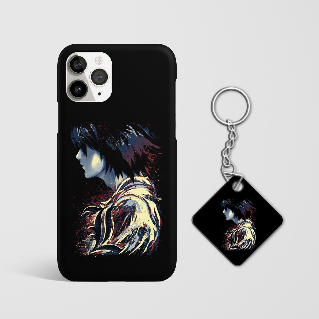 Close-up of L’s intense and thoughtful expression on phone case with Keychain.