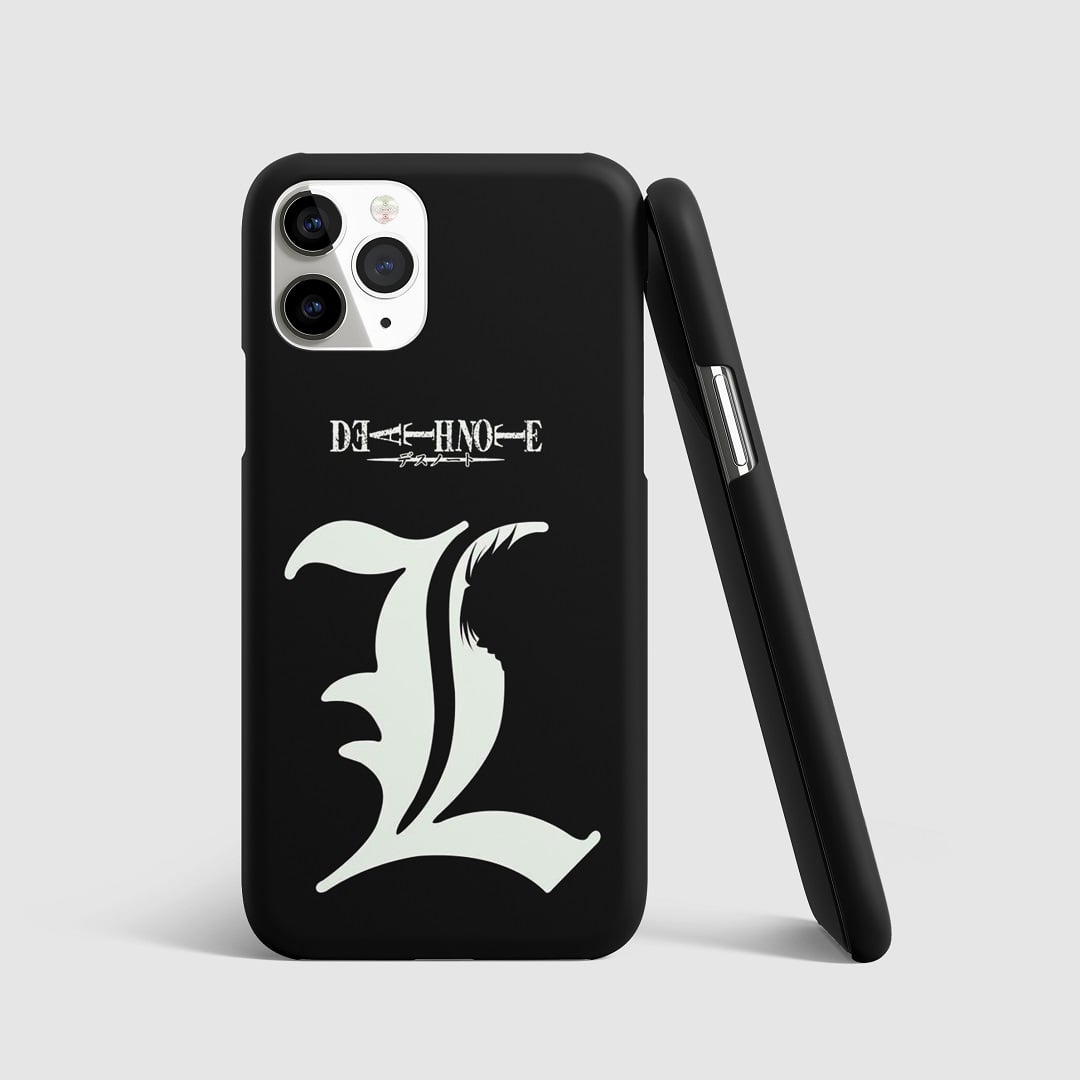 Iconic "L" symbol from "Death Note" on phone cover.