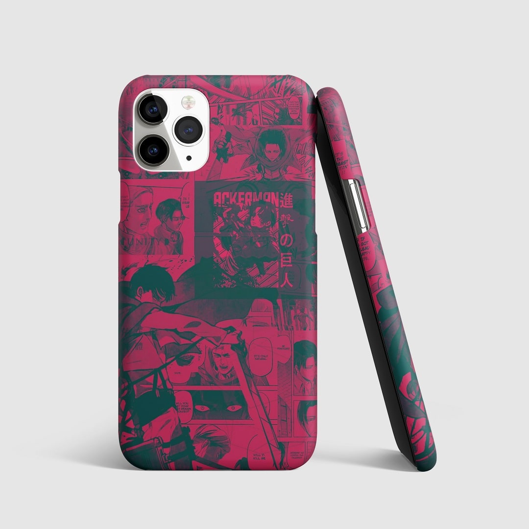 Detailed manga-style artwork of Levi Ackerman from "Attack on Titan" on phone cover.