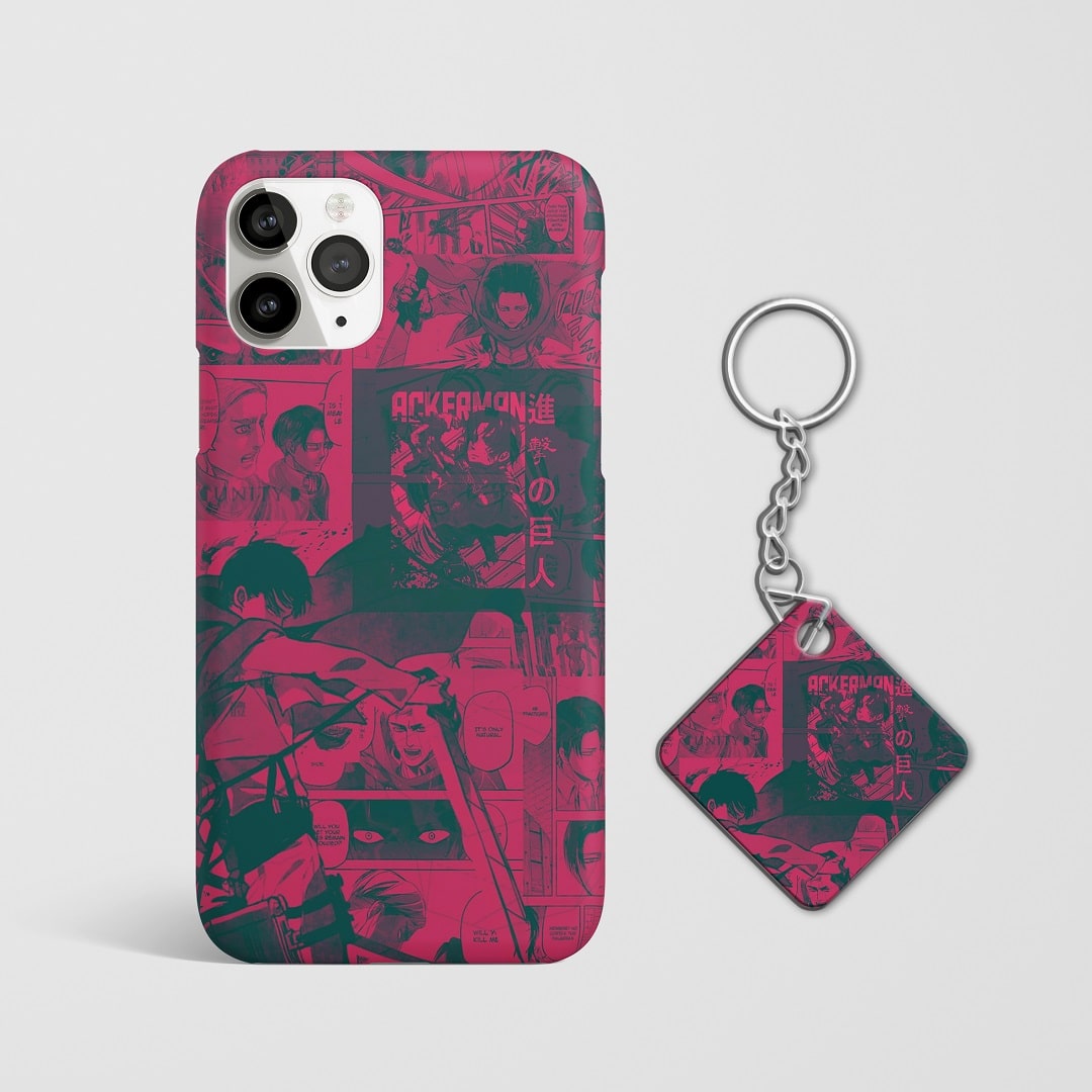 Close-up of Levi’s intense expression in manga artwork on phone case with Keychain.
