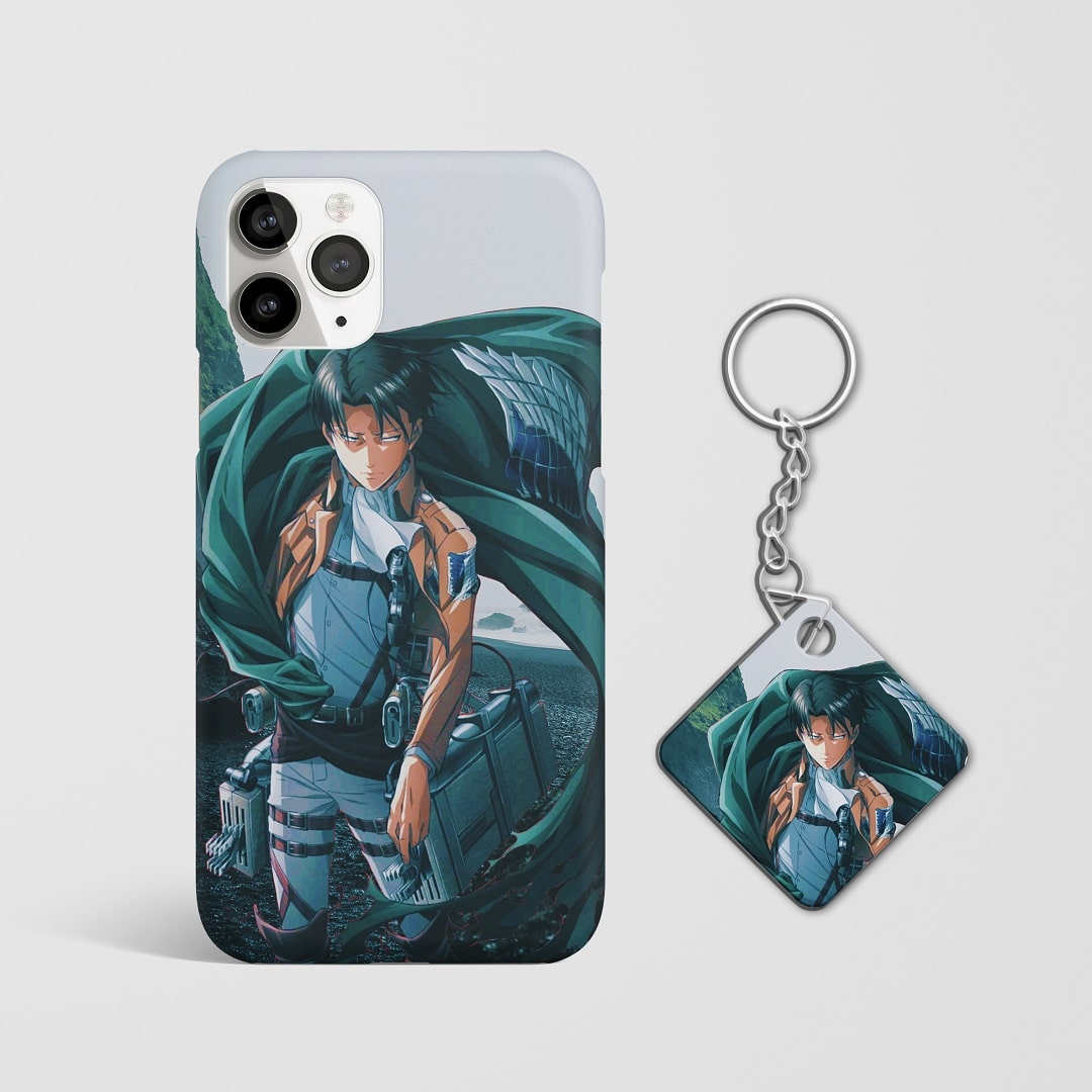 Close-up of Levi’s intense expression in graphic artwork on phone case with Keychain.