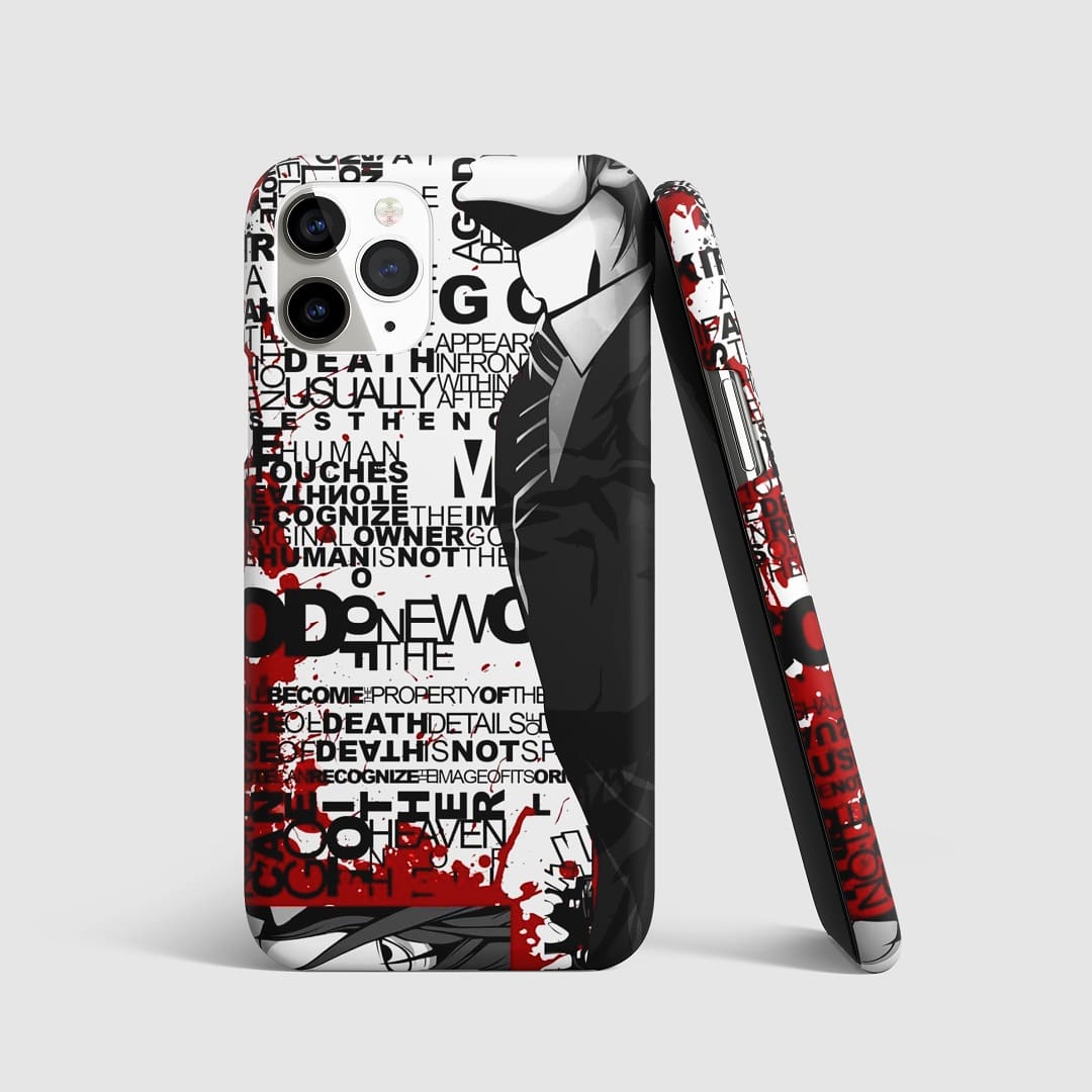 Striking artwork of Light Yagami with blood splatter from "Death Note" on phone cover.