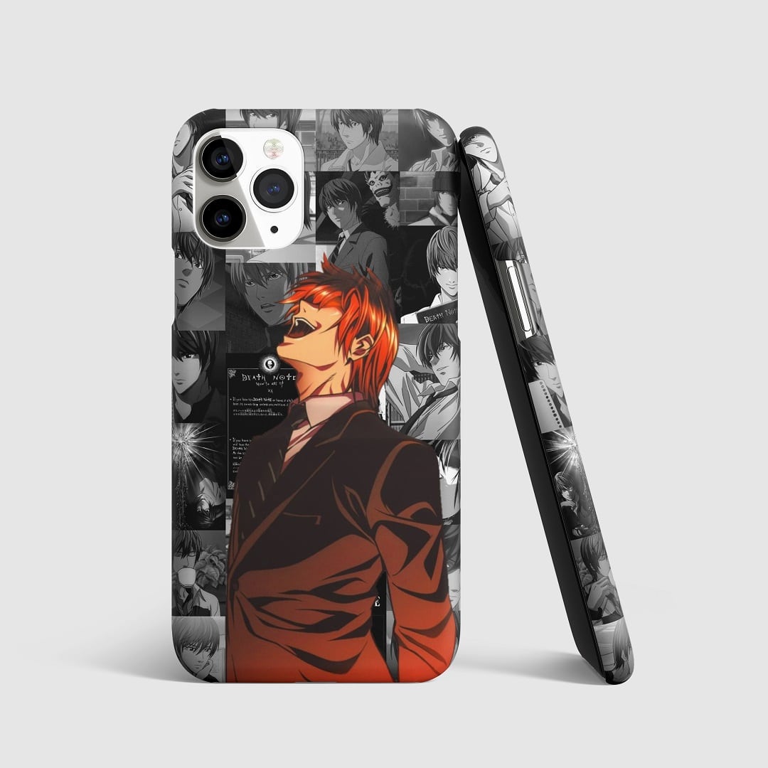 Dynamic collage of Light Yagami from "Death Note" on phone cover.