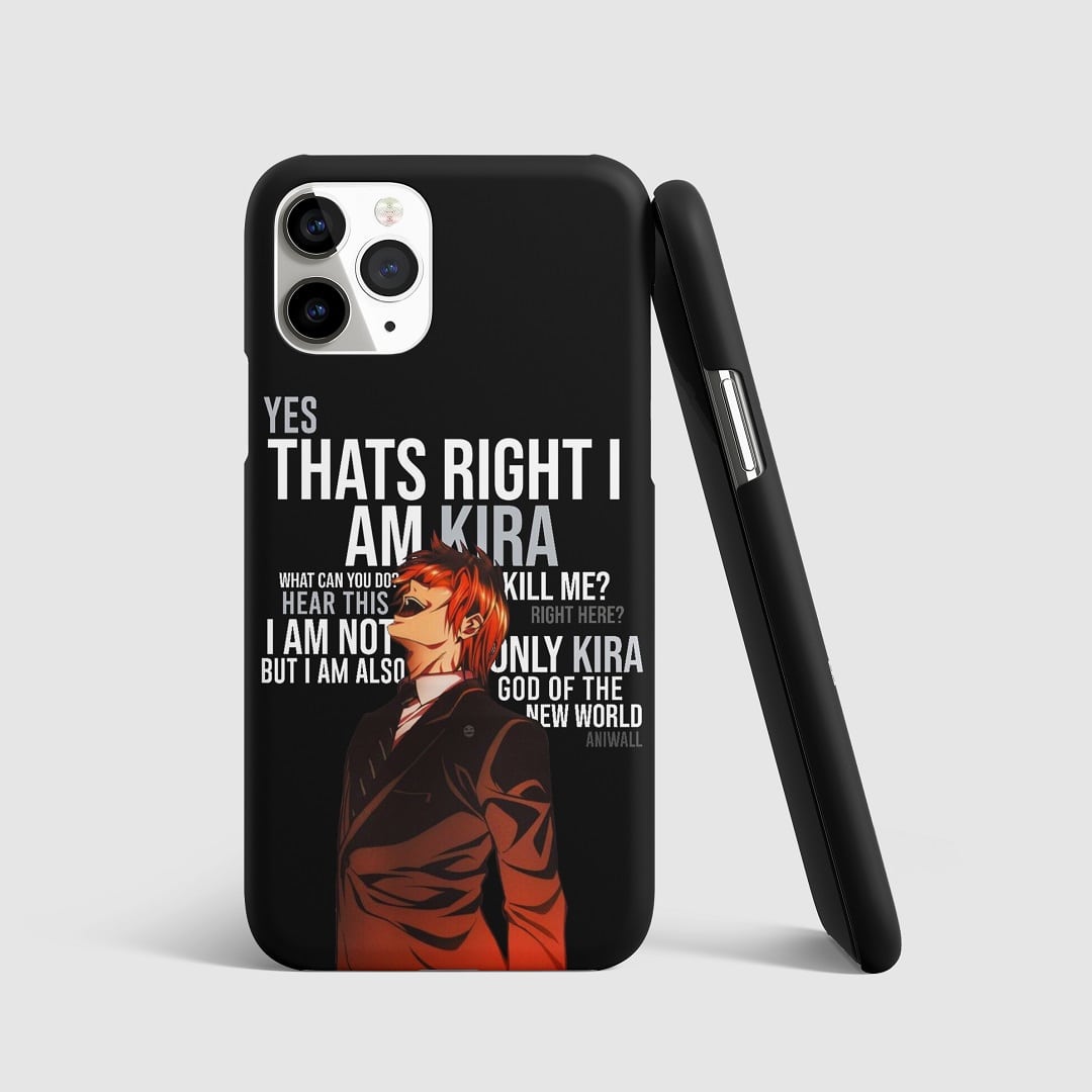Striking artwork of Light Yagami as Kira from "Death Note" on phone cover.