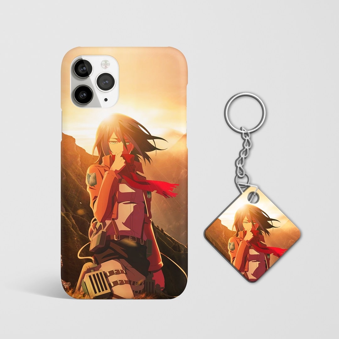 Close-up of Mikasa’s elegant and determined expression on phone case with Keychain.