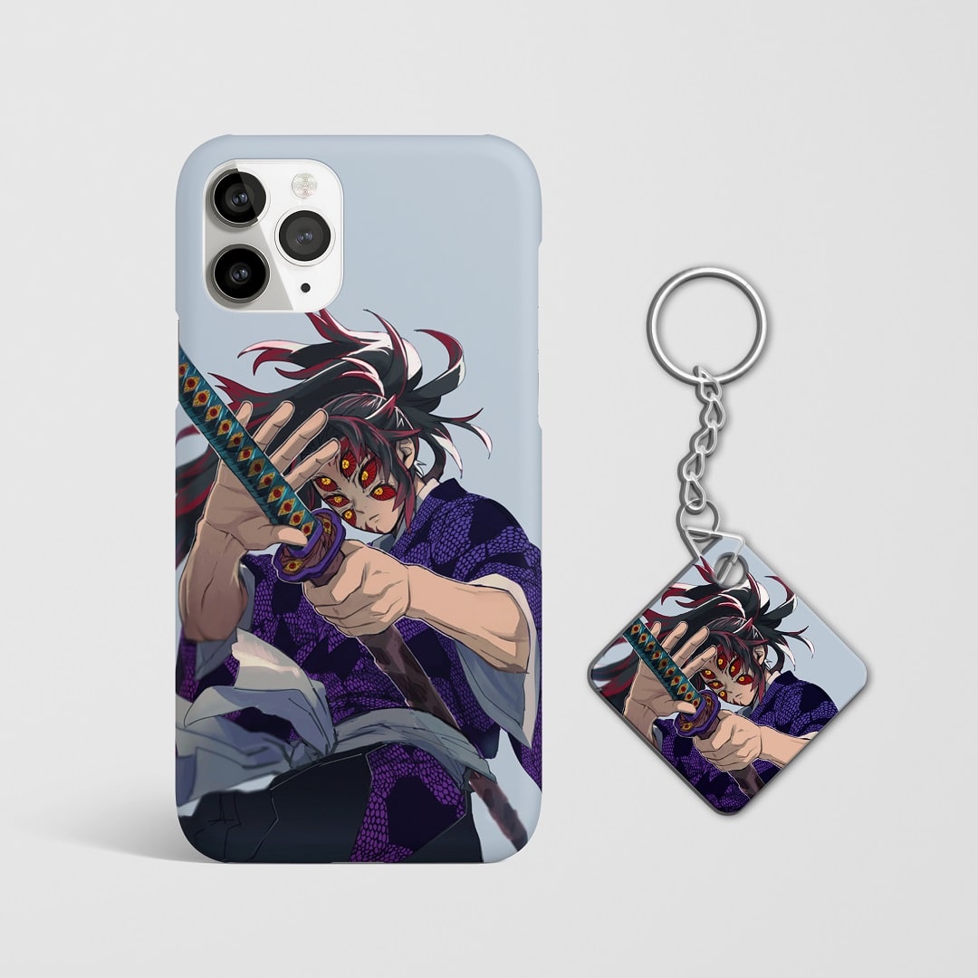 Close-up of Muzan Kibutsuji’s menacing expression on phone case with Keychain.