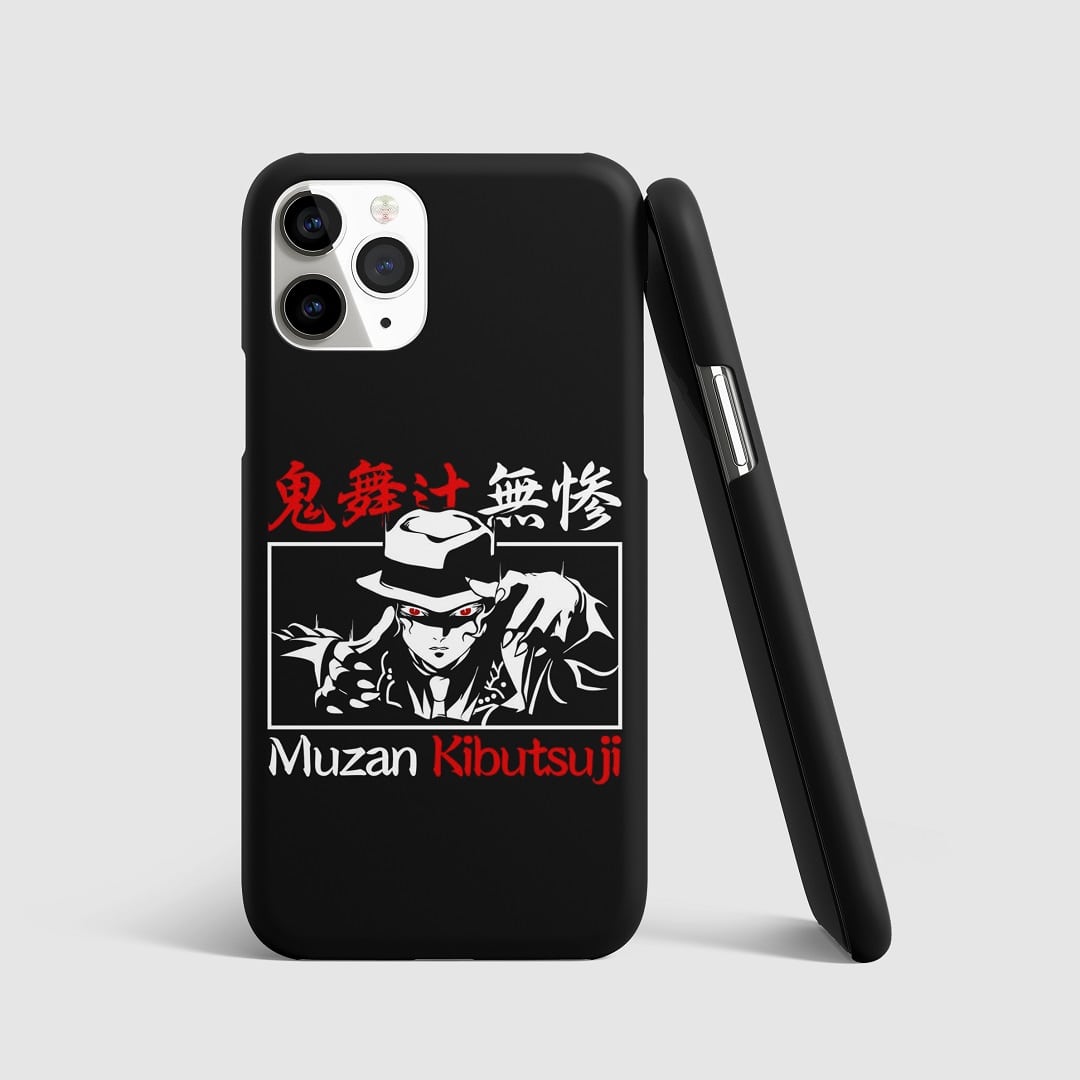 Striking black and white illustration of Muzan Kibutsuji on phone cover.