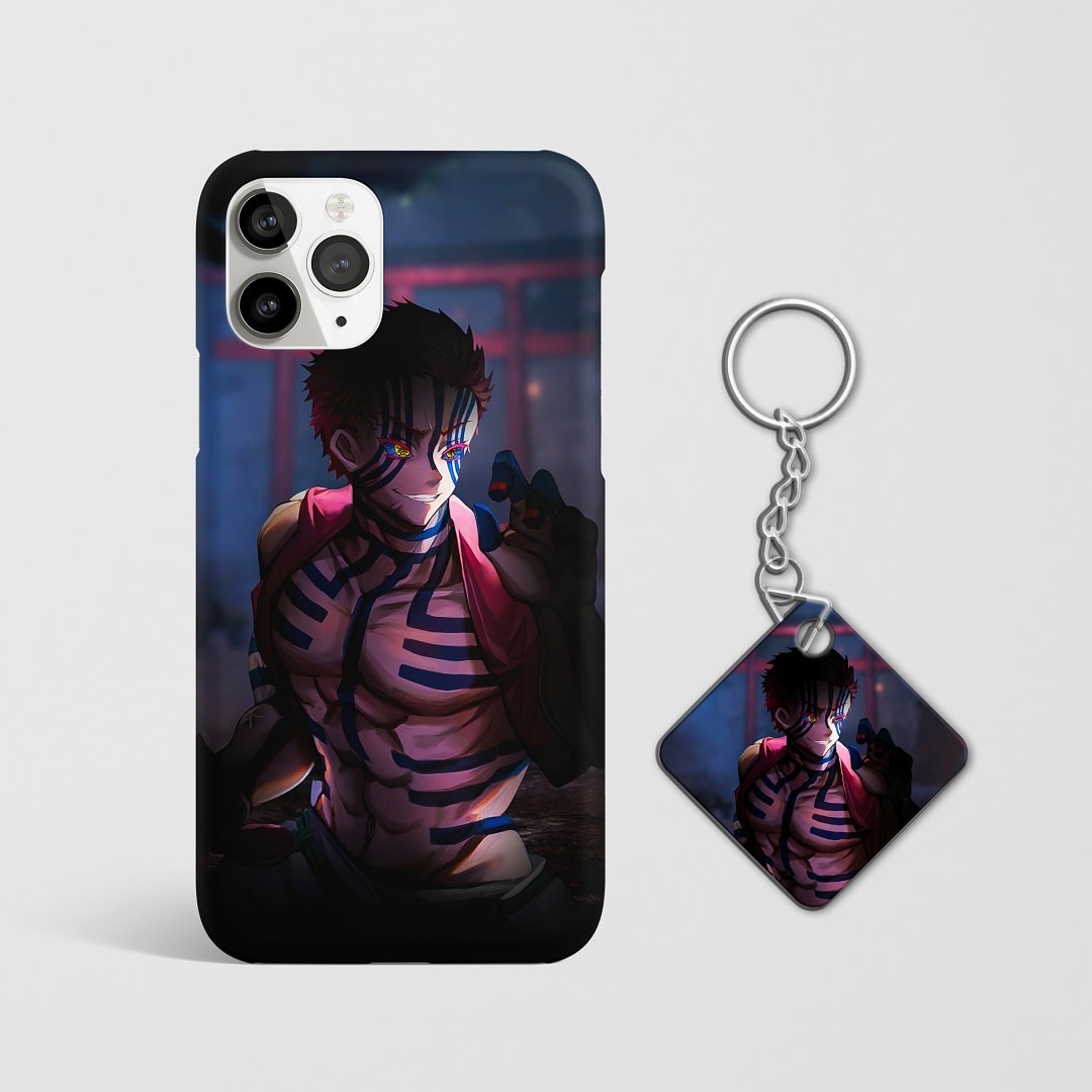 Close-up of Muzan Kibutsuji’s intense expression on phone case with Keychain.