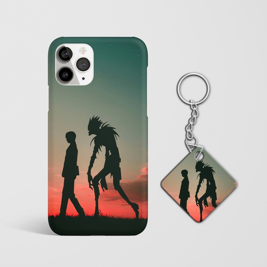 Close-up of Ryuk and Light’s intense expressions on phone case with Keychain.