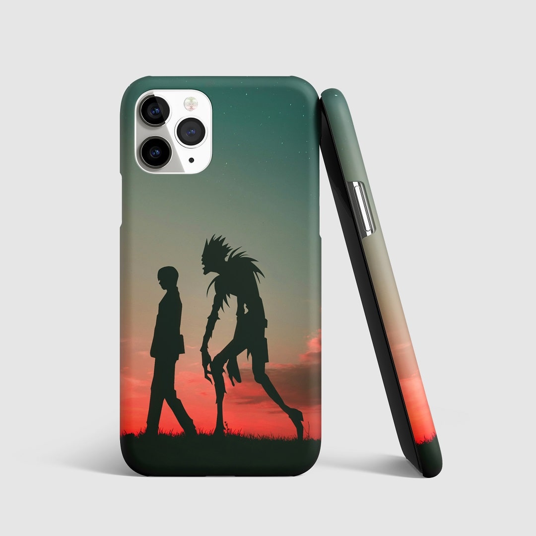 Striking artwork of Ryuk and Light Yagami from "Death Note" on phone cover.