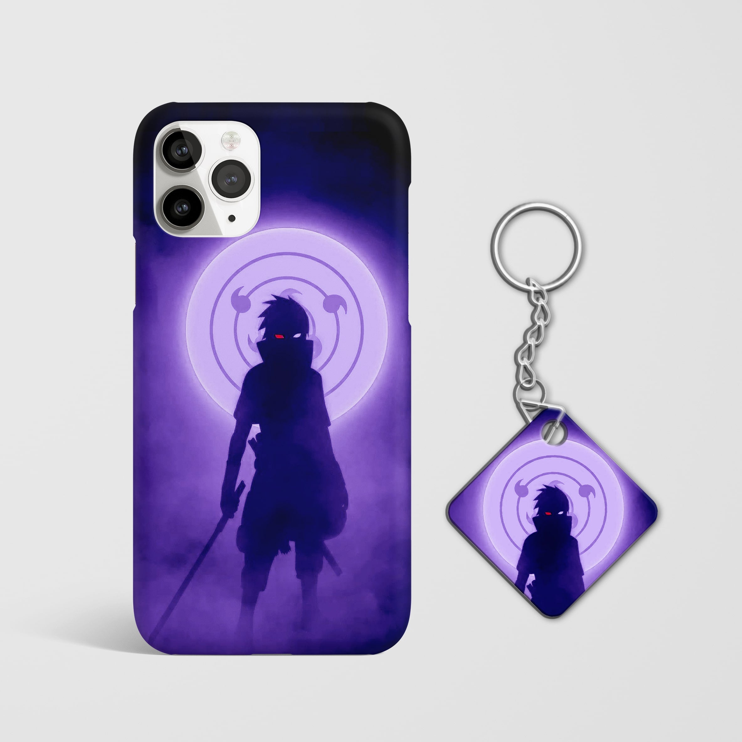 Close-up of the Sasuke Sharingan Smoke Phone Cover, showcasing the intricate 3D matte design with Keychain.