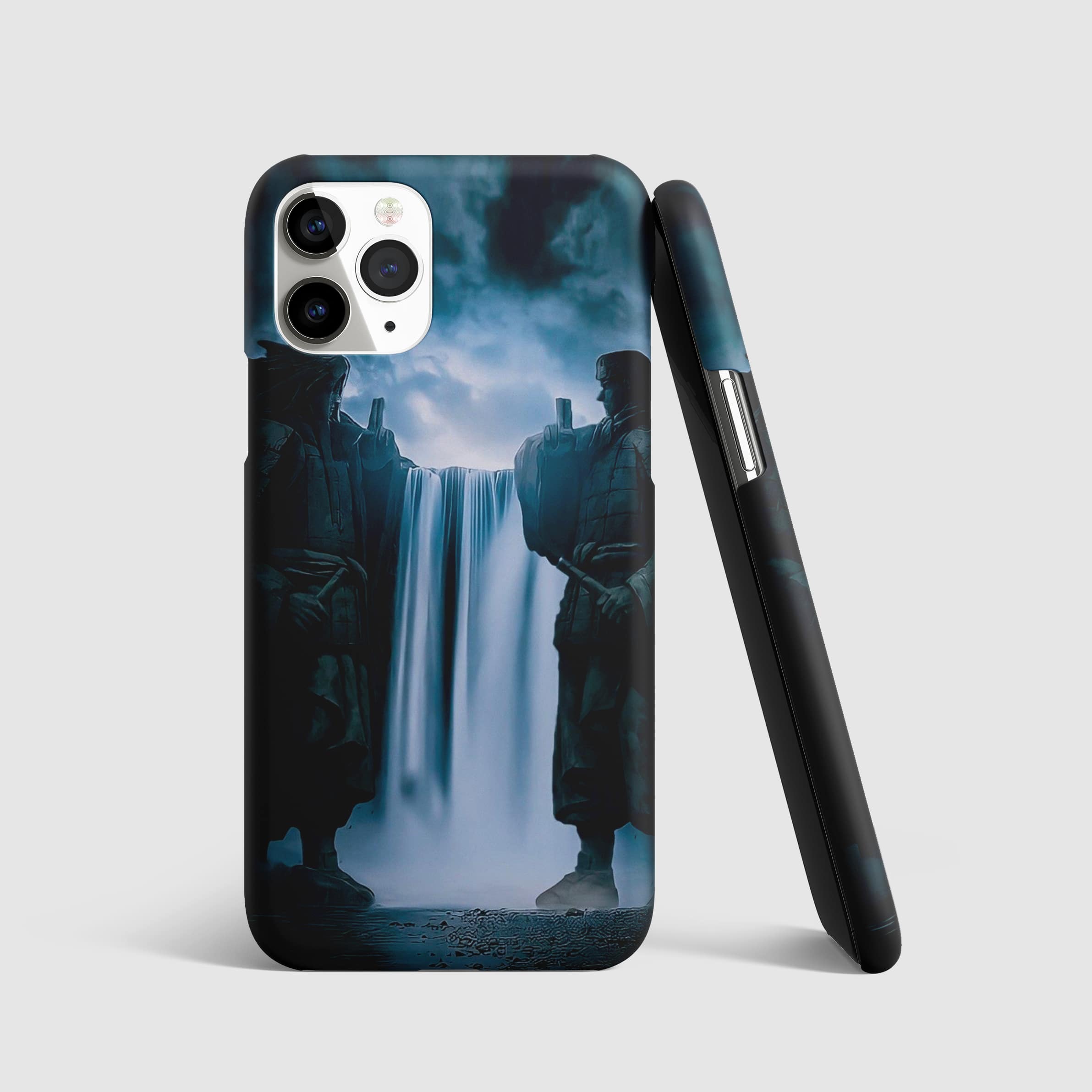 Senju and Uchiha Statue Phone Cover with 3D matte finish, featuring statues of Hashirama Senju and Madara Uchiha.