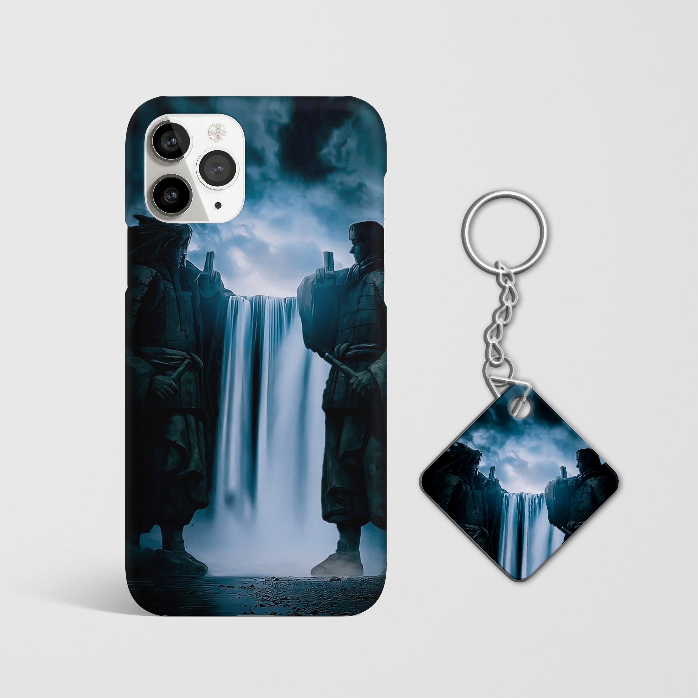 Close-up of the Senju and Uchiha Statue Phone Cover, highlighting the detailed 3D matte design with Keychain.