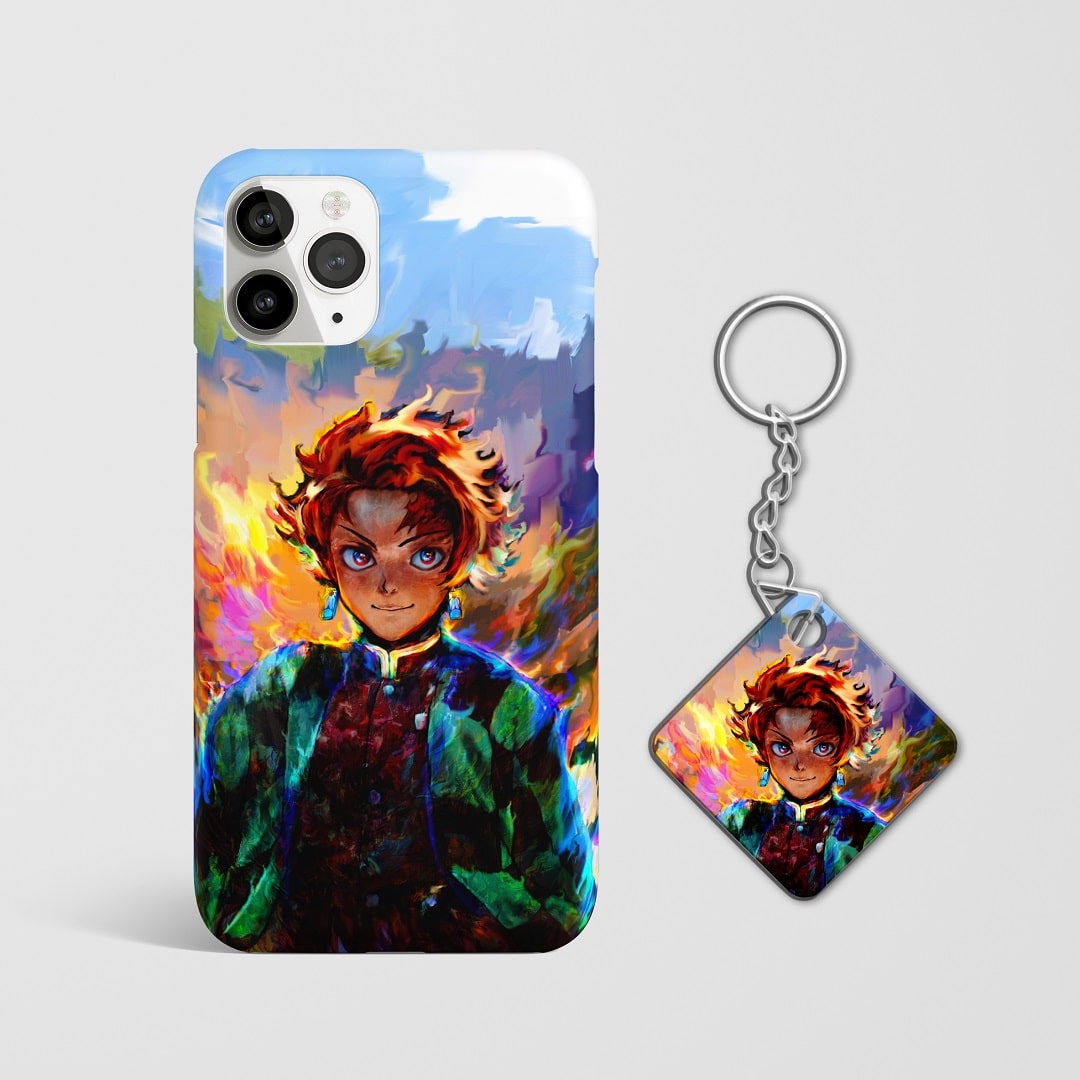 Close-up of Tanjiro Kamado’s determined expression on phone case with Keychain.