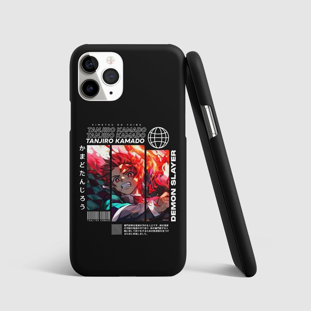 Bold black and white artwork of Tanjiro Kamado on phone cover.