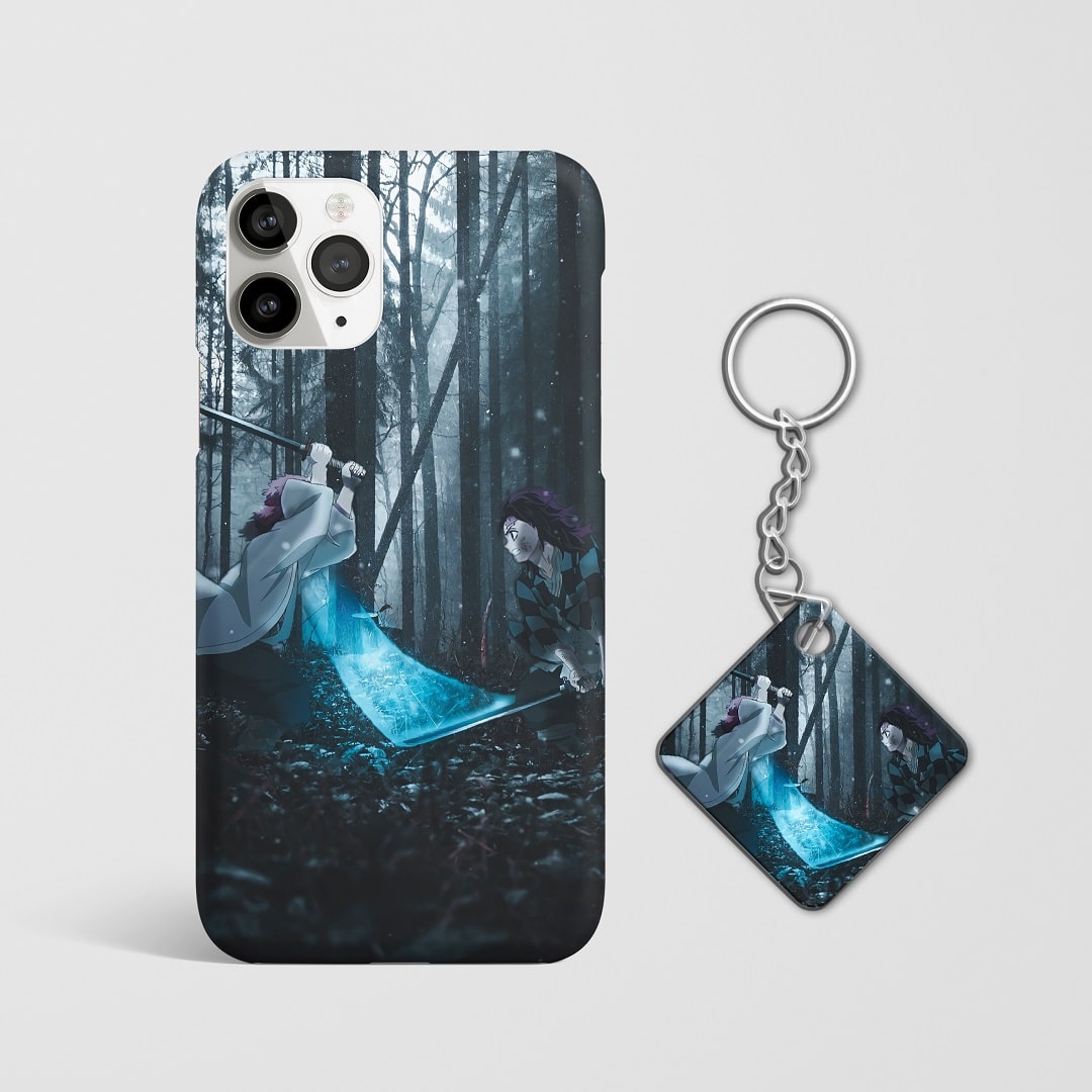 Close-up of Tanjiro Kamado’s intense expression in fighting stance on phone case with Keychain.