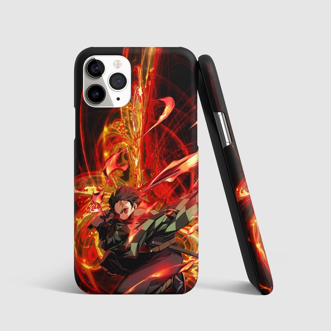 Dynamic artwork of Tanjiro Kamado performing Sun Breathing on phone cover.