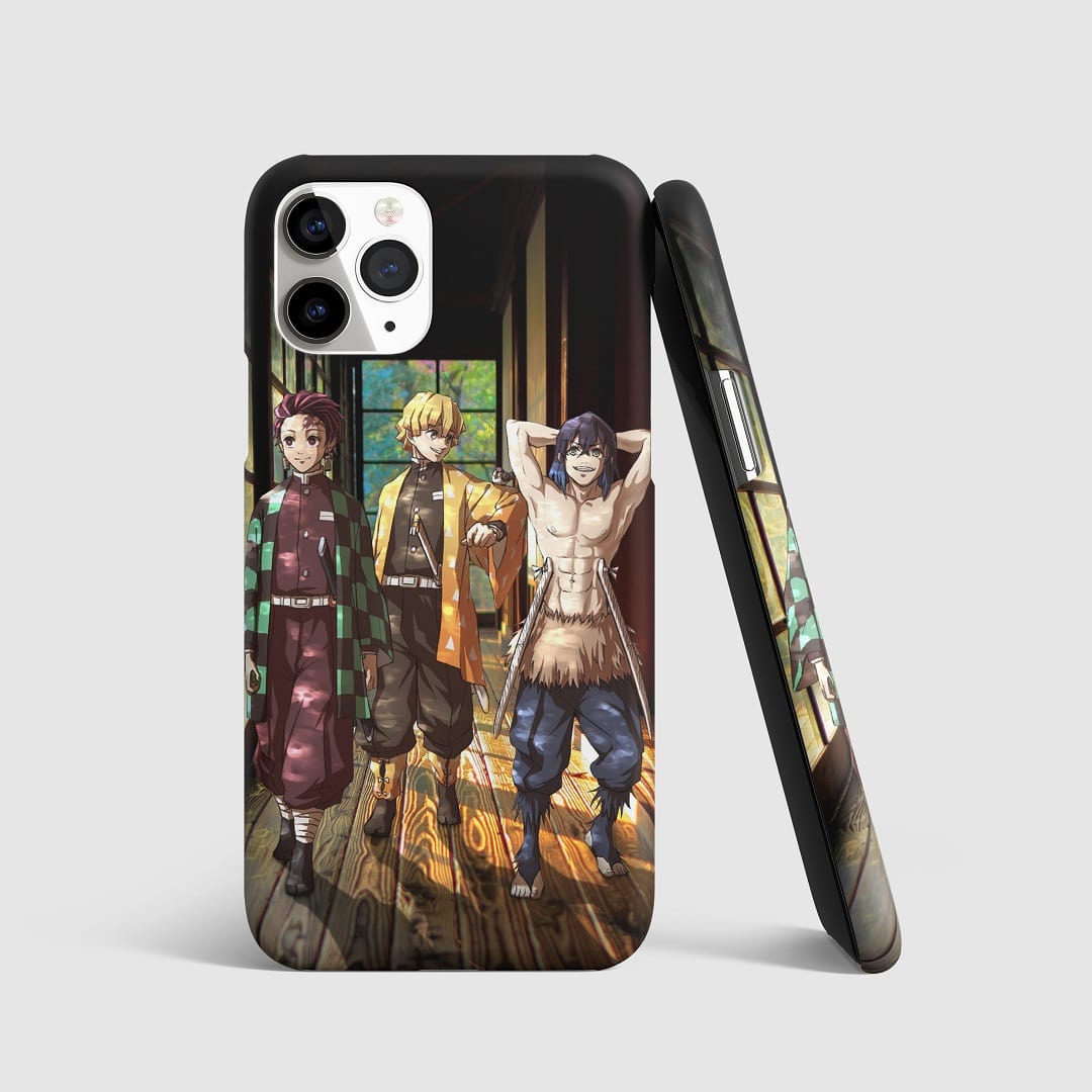 Striking artwork of Tanjiro, Zenitsu, and Inosuke on phone cover.