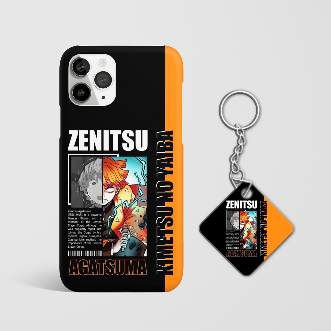 Close-up of Zenitsu Agatsuma’s intense expression on black and orange phone case with Keychain.