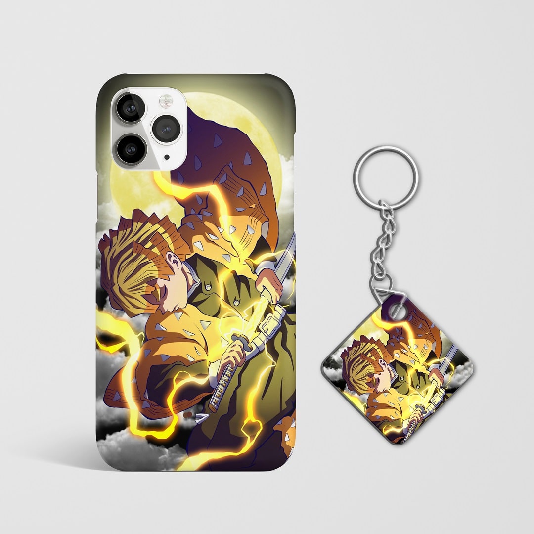 Close-up of Zenitsu Agatsuma’s intense expression with katana on phone case with Keychain.