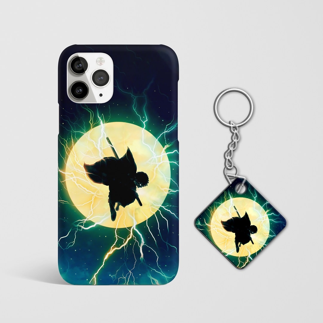 Close-up of Zenitsu Agatsuma’s intense expression with lightning background on phone case with Keychain.