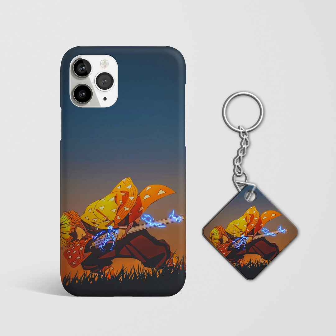 Close-up of Zenitsu Agatsuma’s determined expression with sword on phone case with Keychain.