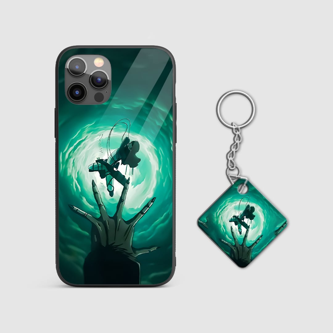 Back view of phone case featuring iconic Attack on Titan blades with Keychain.
