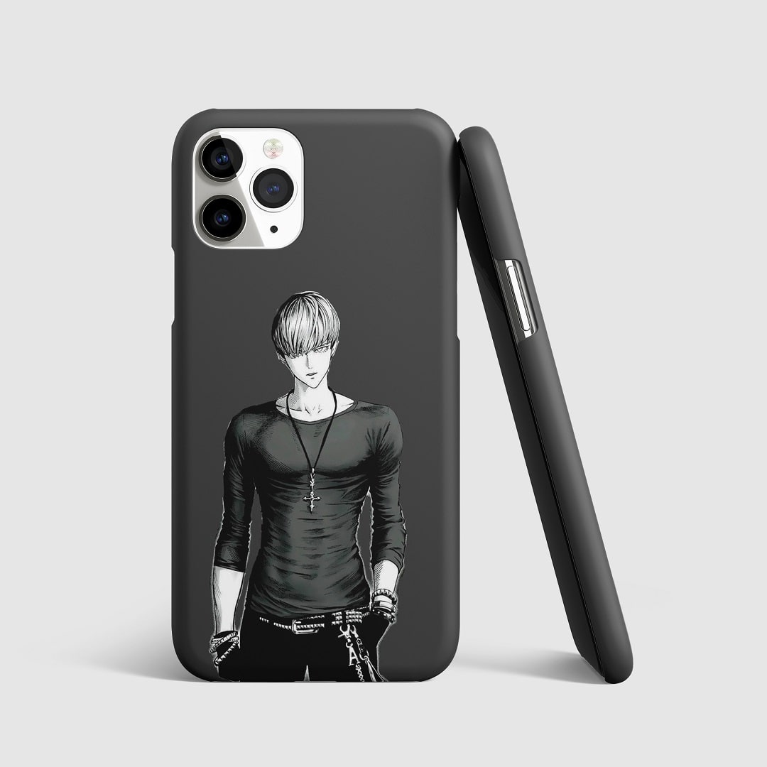 Striking artwork of Amai Mask from "One Punch Man" on phone cover.