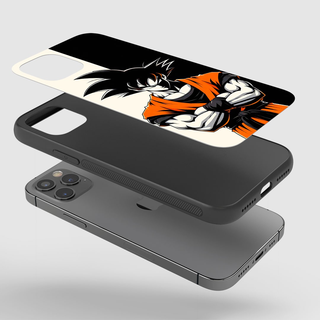Angled view of Goku Black & Orange Silicone Armored Phone Case with iconic Goku design