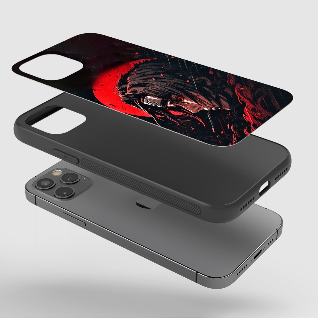 Angled view of Itachi Uchiha Graphic Silicone Armored Phone Case with Naruto character design