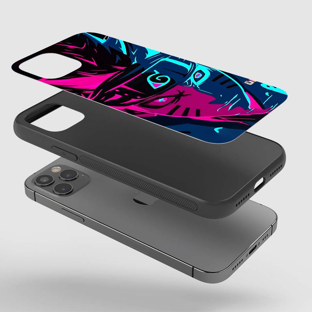 Angled view of Naruto Neon Silicone Armored Phone Case with bright Naruto design