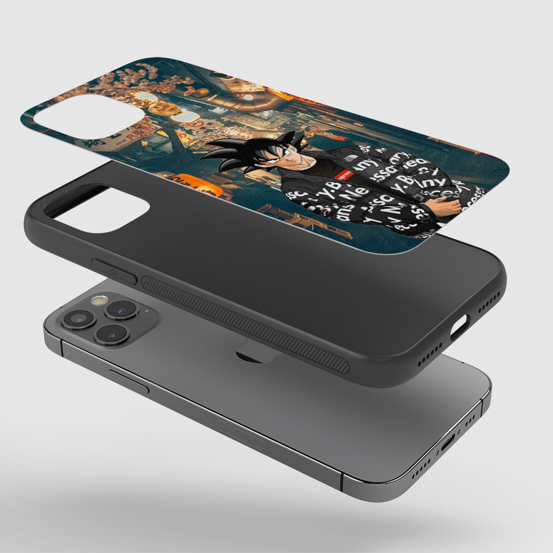 Angled view of Supreme Goku Silicone Armored Phone Case with Goku supreme form design