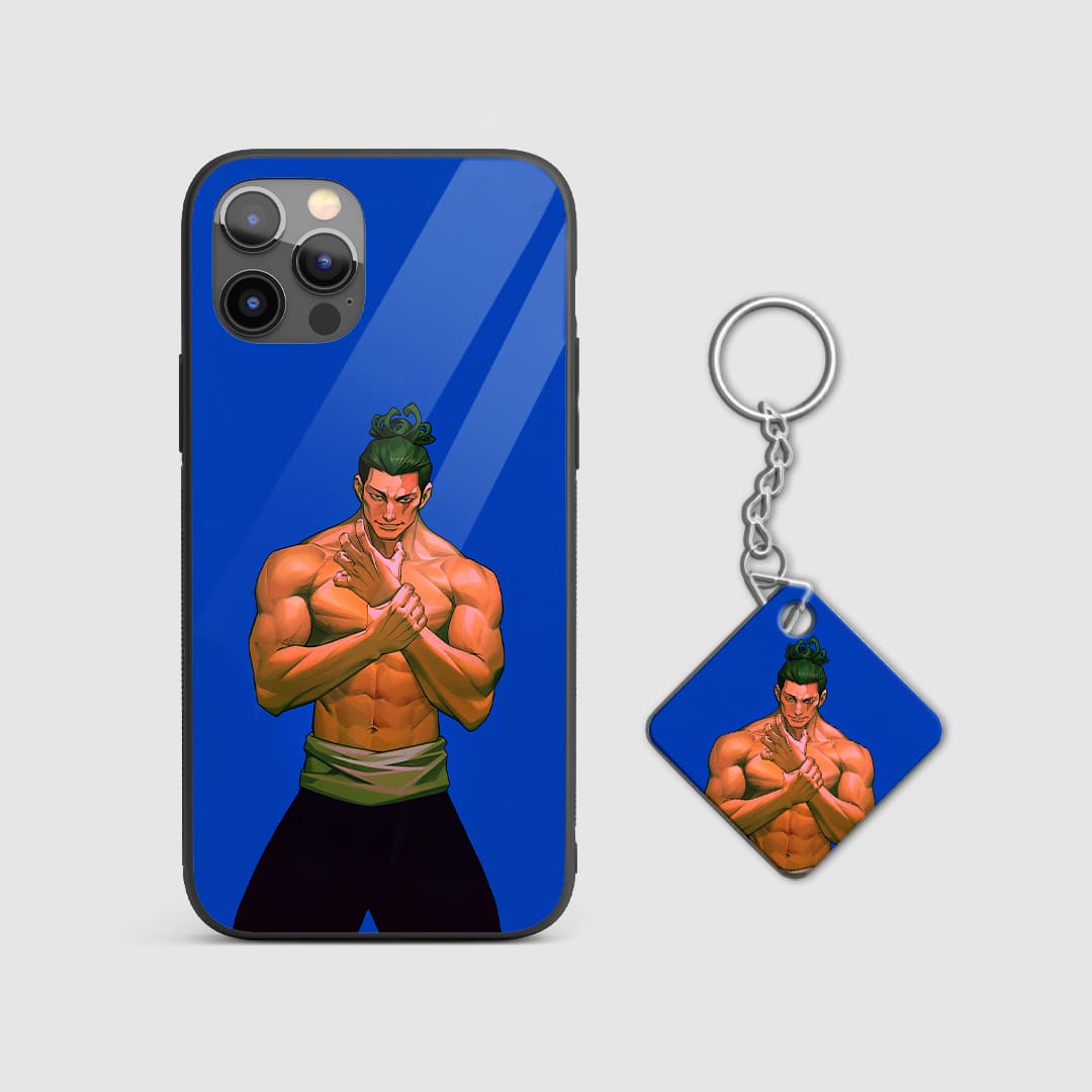 Vibrant depiction of Aoi Todo set against a blue background on the silicone armored phone case with Keychain.