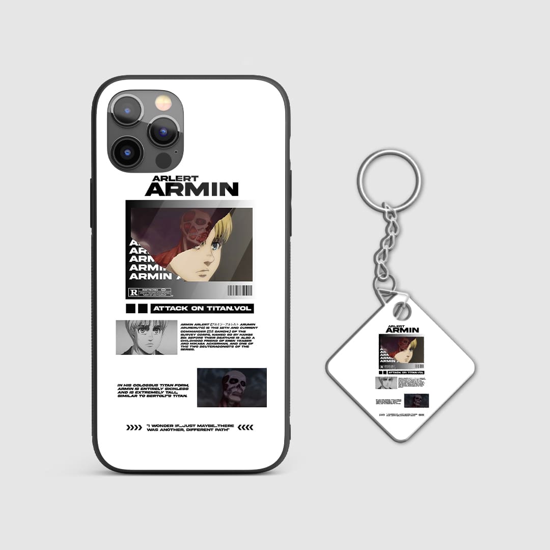 Powerful design of Armin Arlert's Colossal Titan from Attack on Titan on a durable silicone phone case with Keychain.