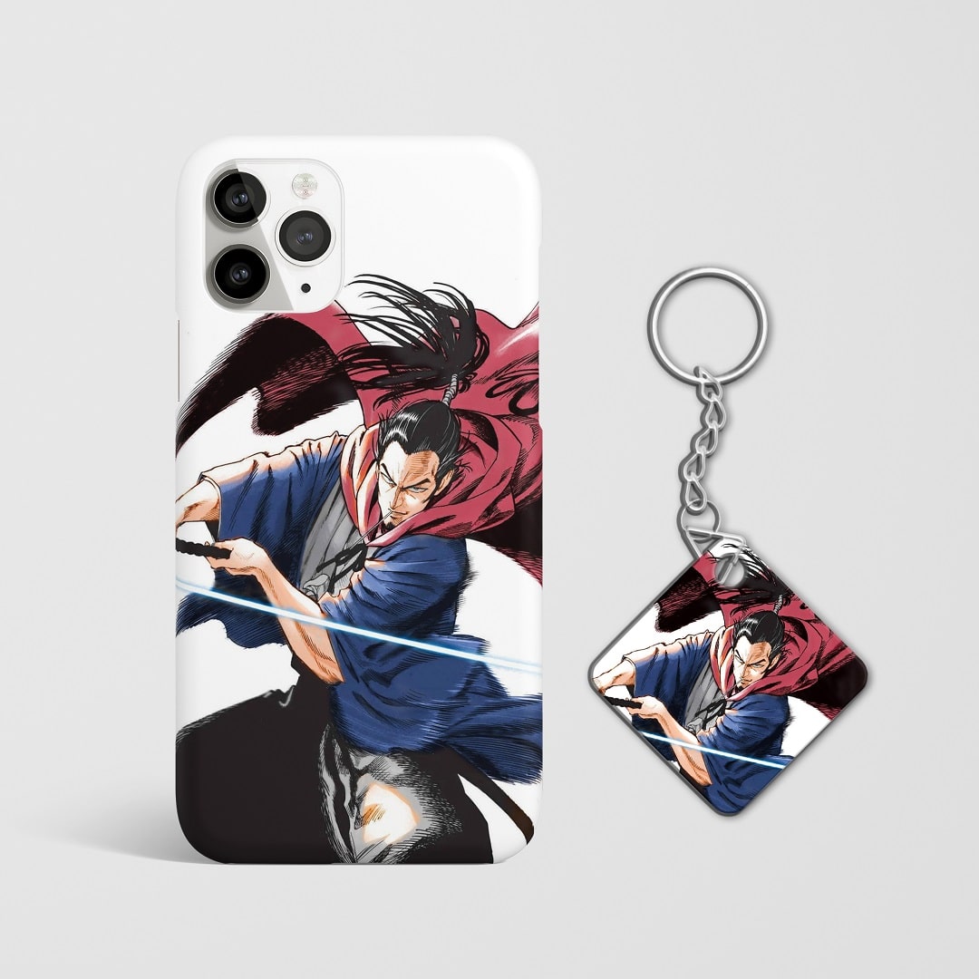 Close-up of Atomic Samurai’s intense expression in action pose on phone case with Keychain.