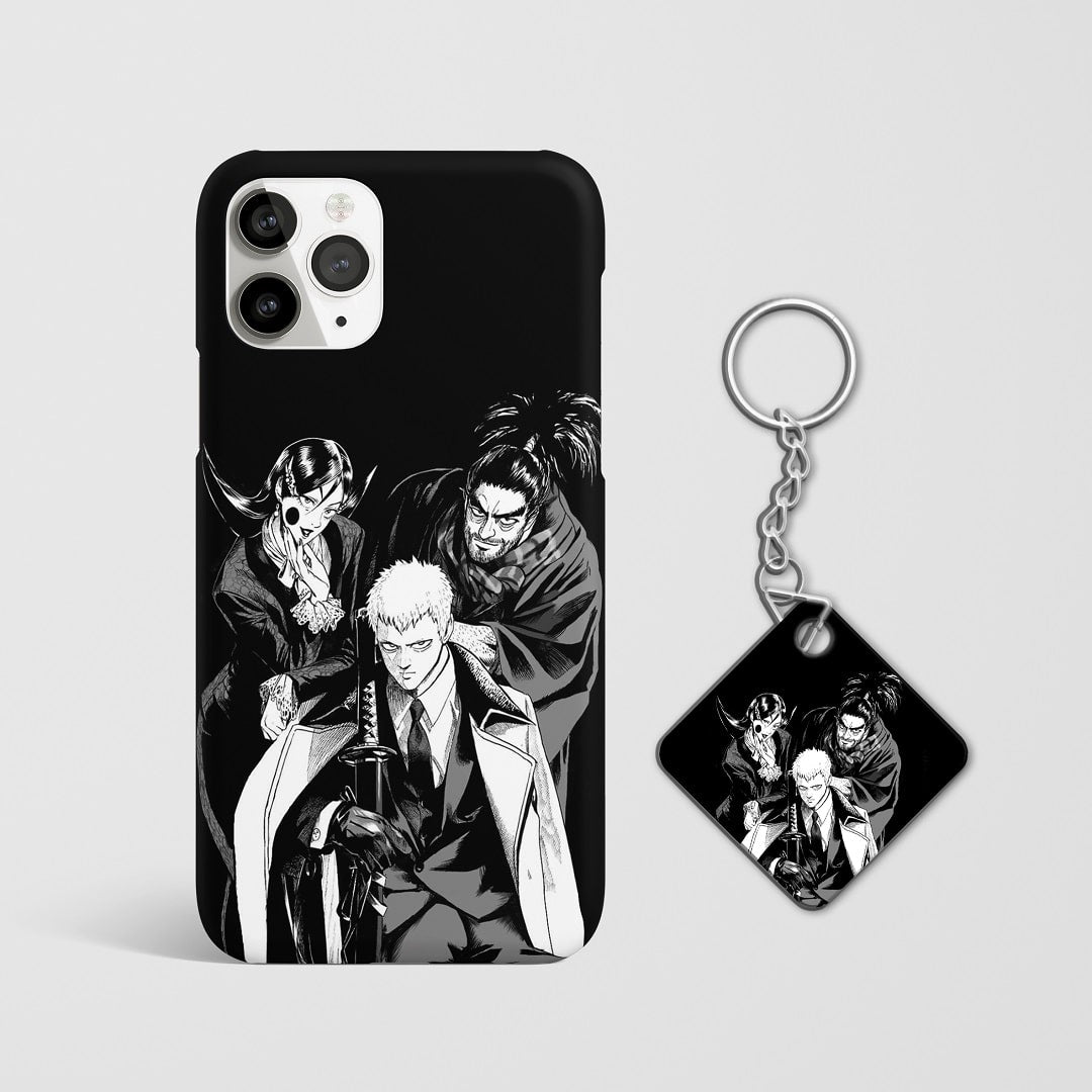 Close-up of Atomic Samurai and his disciples' intense expressions on phone case with Keychain.